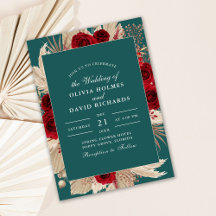 Invitación de Boda con Rosas Burgundy y Teal Boho