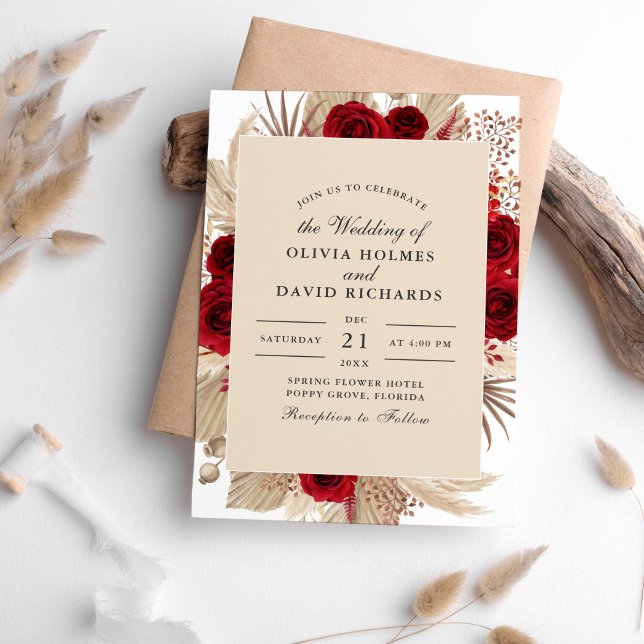 Invitación de boda con rosas de Borgoña y hierba d (Burgundy Roses and Pampas Grass Wedding Invitation on a white table sorrounded with dry palm leaves.)