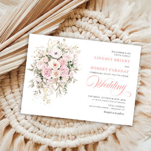 Invitación de boda con rosas de color rosa y veget