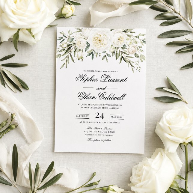 Invitación de boda con rosas de jardín blancas (White garden roses meet timeless elegance in this luxury wedding invitation.)