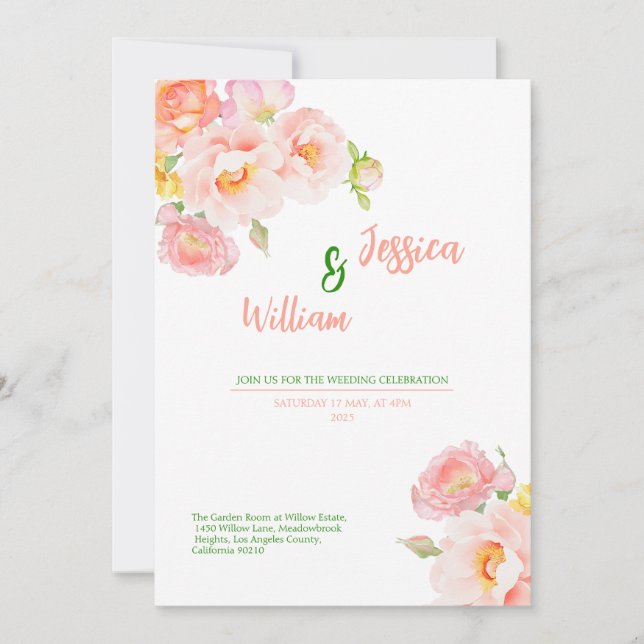 Invitación de boda con rosas de primavera en oro (Anverso)