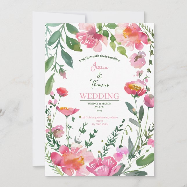 invitación de boda con rosas florales rosadas (Anverso)
