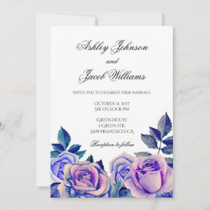 Invitación de boda con rosas púrpura. Floral acuar