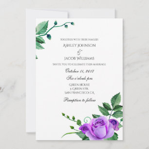 Invitación de boda con rosas púrpuras. Invitacione