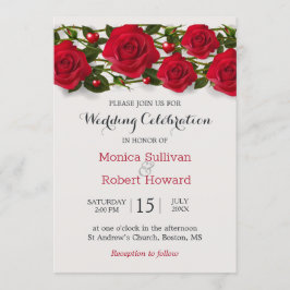 Invitación de boda con rosas rojas y corazones