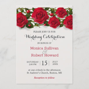 Invitación de boda con rosas rojas y corazones