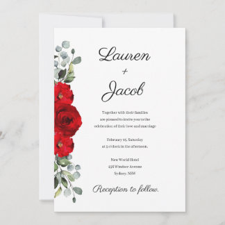 Invitación de boda con rosas rojas y eucalipto