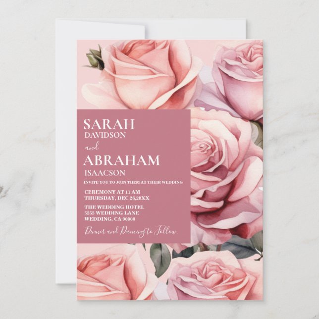 Invitación de boda con rosas rosadas modernas (Anverso)