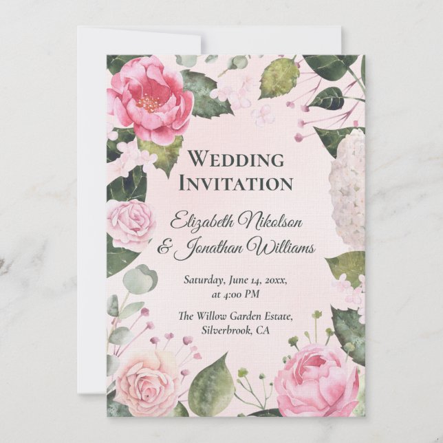 Invitación de Boda con Rosas Rosadas Románticas (Anverso)