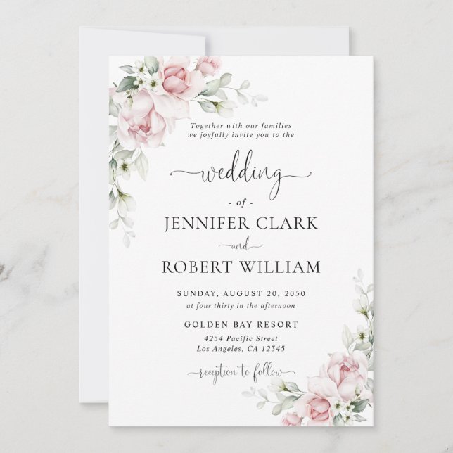 Invitación de Boda con Rosas Rosadas Rubor (Anverso)