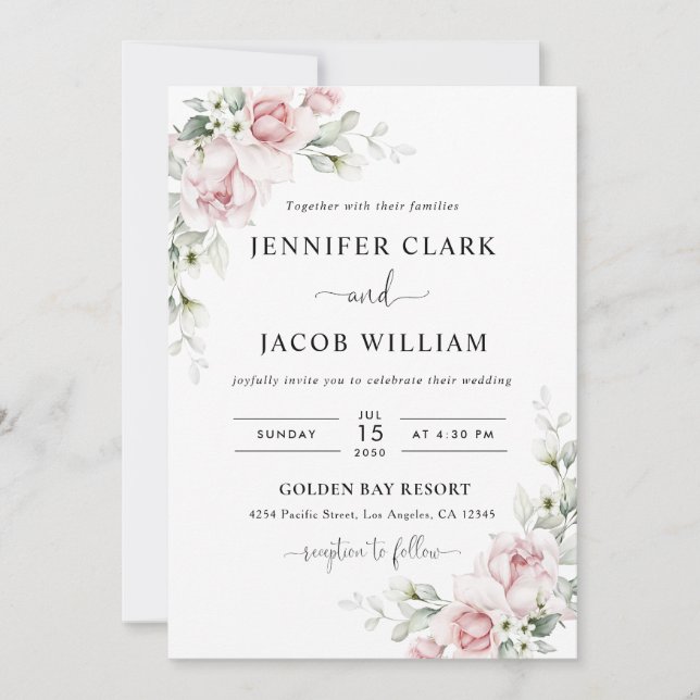 Invitación de boda con rosas rosadas sonrojadas (Anverso)