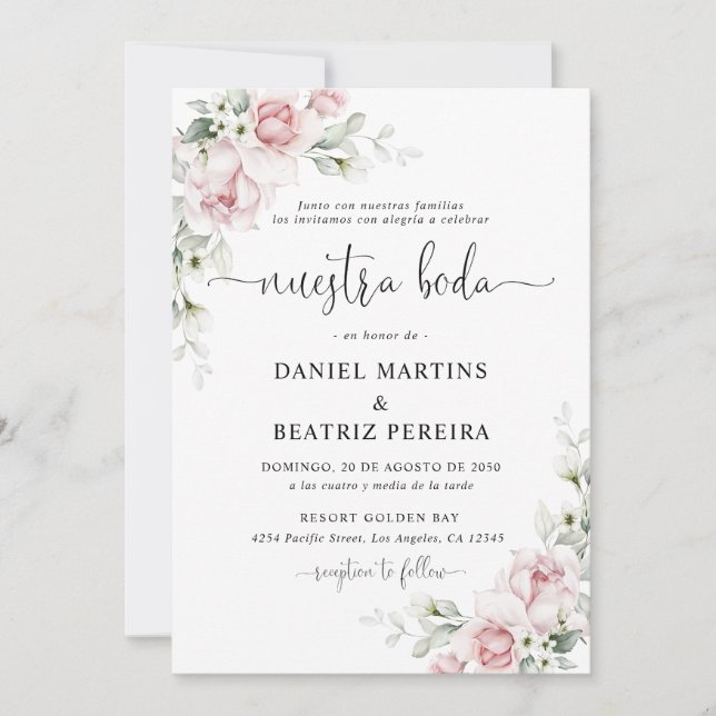 Invitación de boda con rosas rosadas sonrojadas (Anverso)