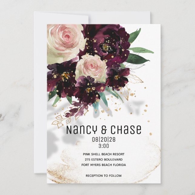 Invitación de boda con rubor brillante y Burdeos (Anverso)