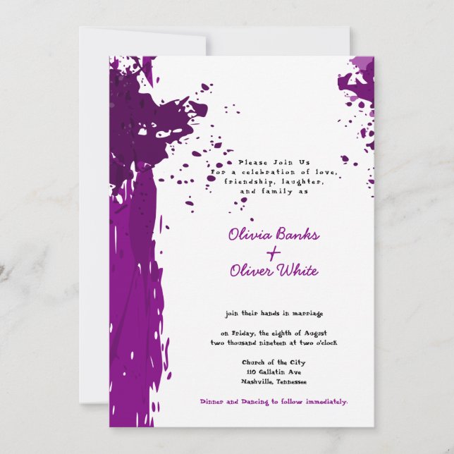 Invitación de boda con salpicaduras de pintura mor (Anverso)