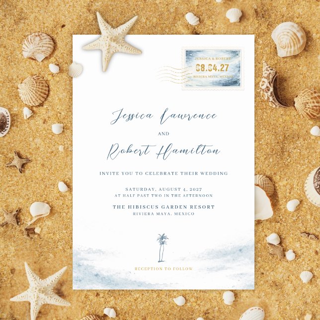 Invitación de Boda con Sello de Acuarela Azul Mode (Destination Ocean Wedding Invitation and Details Card)