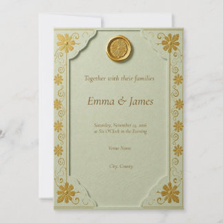 Invitación de boda con sello de cera dorado y verd