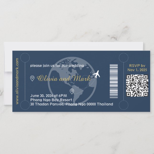 Invitación de boda con tarjeta de embarque – Azul  (Anverso)