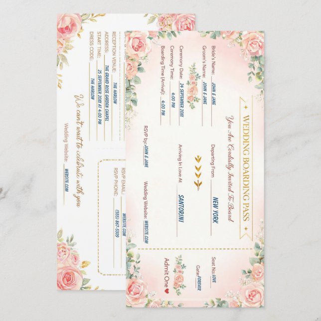 Invitación de boda con tarjeta de embarque románti (Anverso / Reverso)