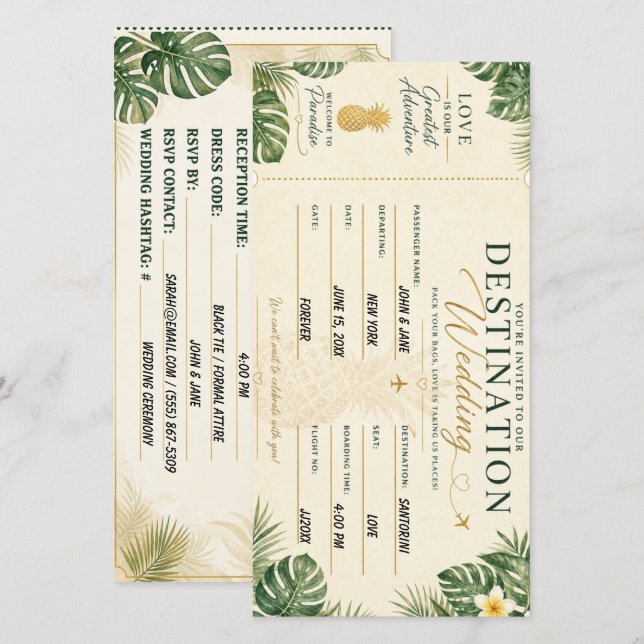 Invitación de boda con tarjeta de embarque tropica (Anverso / Reverso)