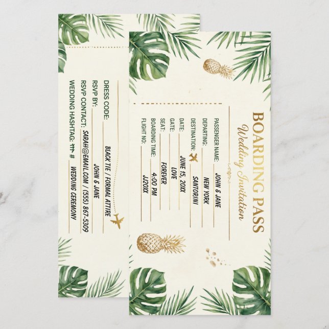 Invitación de boda con tarjeta de embarque tropica (Anverso / Reverso)