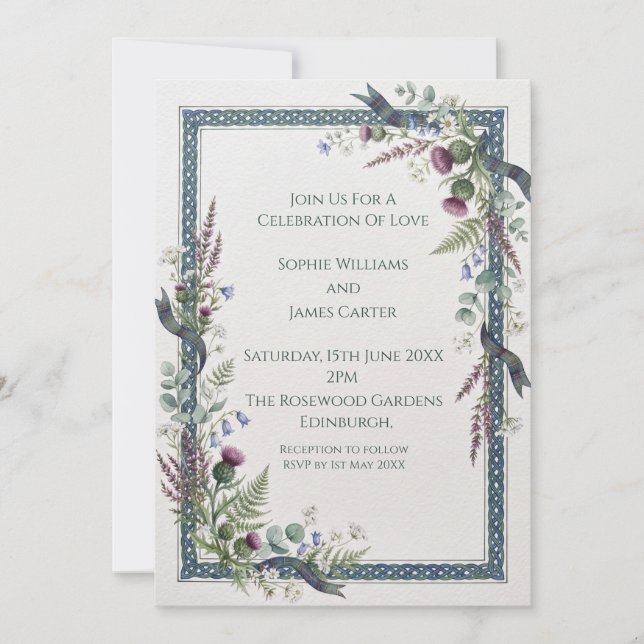 Invitación de Boda con Tartán de Cardo Azul (Anverso)