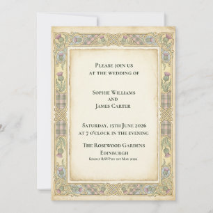 Invitación de boda con tartán de cardo celta marfi