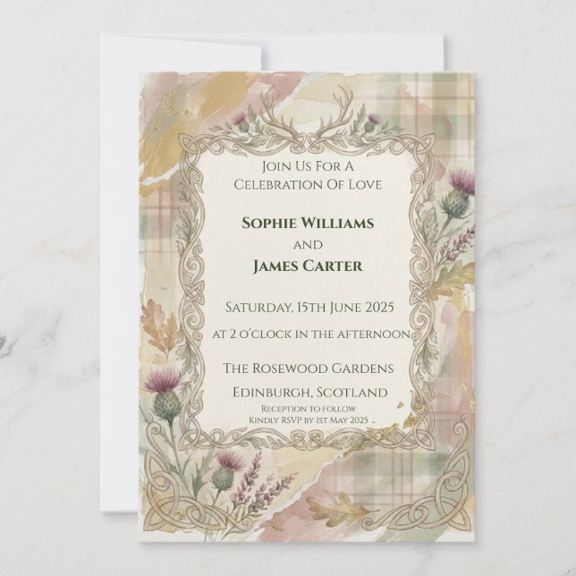 Invitación de boda con tartán de cardo de otoño (Anverso)