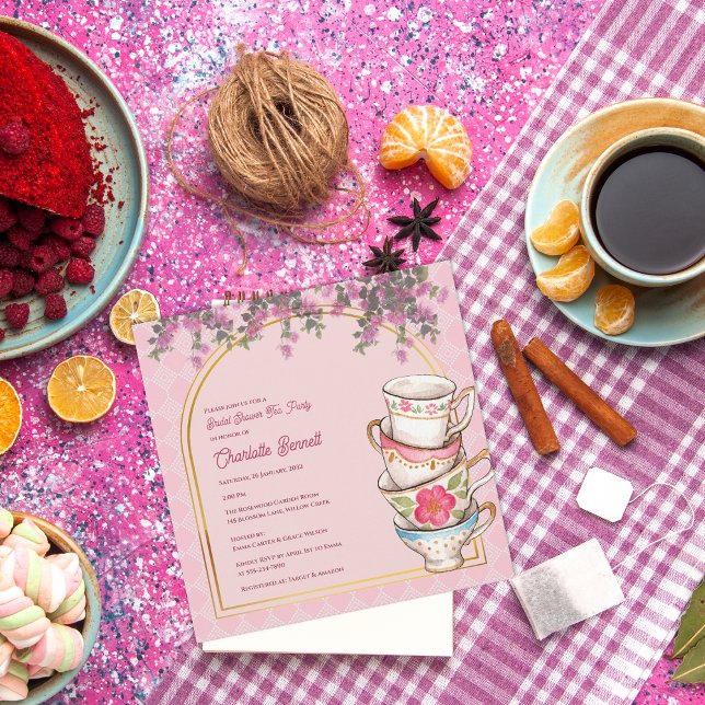 Invitación de boda con taza de té floral caprichos (Floral Whimsical Teacup Bridal Shower Invitation)
