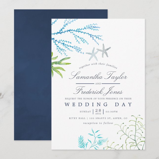 Invitación de boda con tema de algas marinas acuar (Anverso / Reverso)