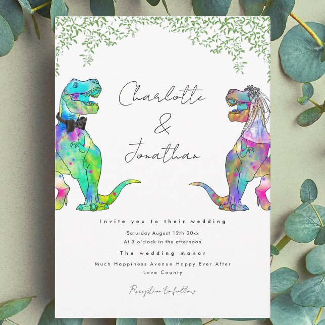 Invitación de boda con tema de dinosaurios jurásic (Colorful dinosaur theme wedding invitation with fun T-Rex bride and groom and watercolor greenery)