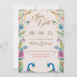 invitación de boda con tema de pavo real