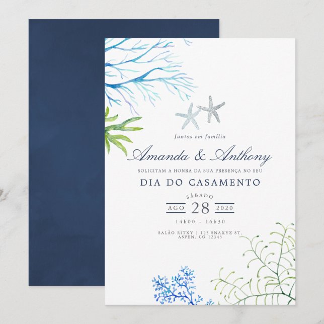 Invitación de boda con tema de playa de algas mari (Anverso / Reverso)