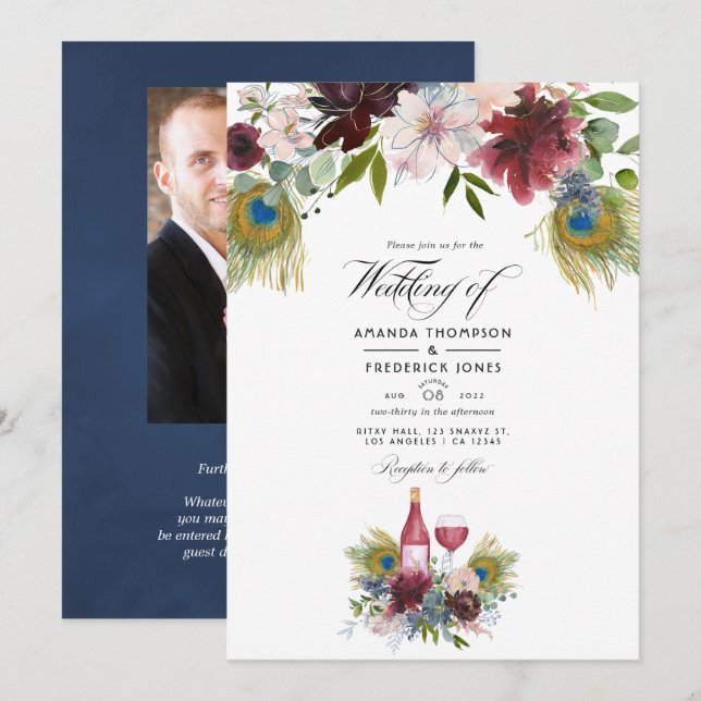 Invitación de boda con tema de vino de pavo real d (Anverso / Reverso)