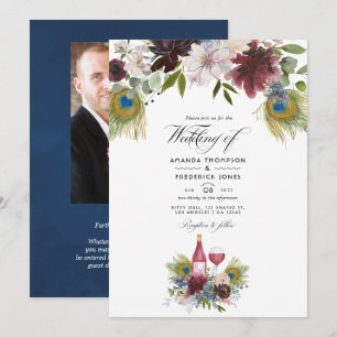 Invitación de boda con tema de vino de pavo real d
