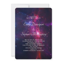 Invitación de boda con tema espacial rosa y púrpur