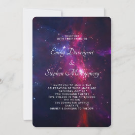 Invitación de boda con tema espacial rosa y púrpur