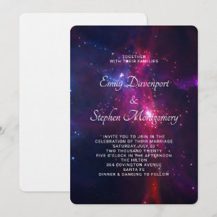 Invitación de boda con tema espacial rosa y púrpur