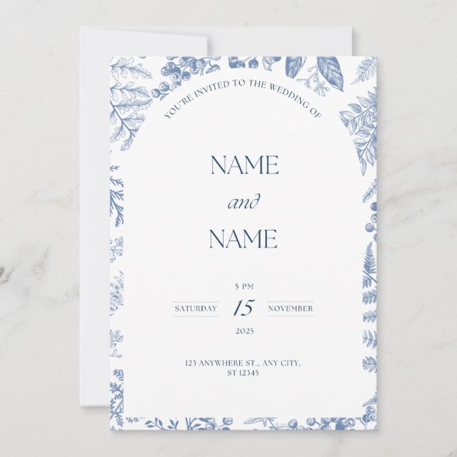 invitación de boda con temática floral azul (Anverso)
