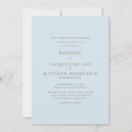 Invitación de boda con texto dorado y fondo azul c