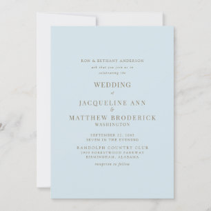 Invitación de boda con texto dorado y fondo azul c