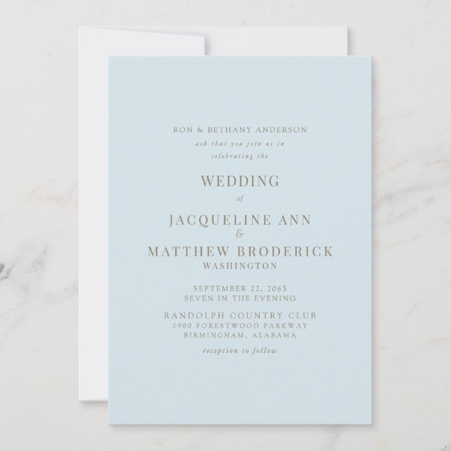 Invitación de boda con texto dorado y fondo azul c (Anverso)