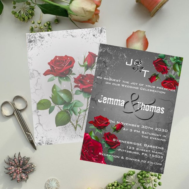 Invitación de boda con textura de grunge y rosas r (Subido por el creador)