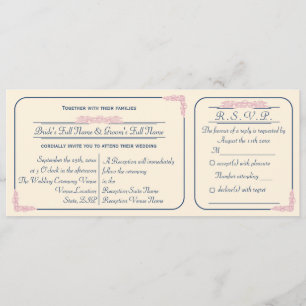 Invitación de Boda con Ticket Azul Marino y Rosa c