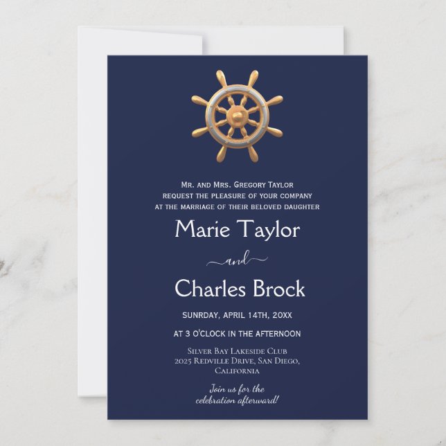 Invitación de boda con timón de barco náutico (Anverso)