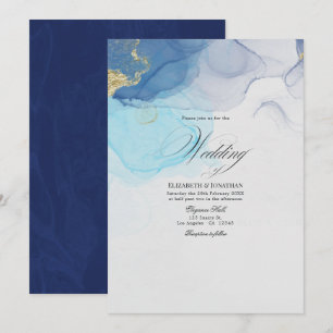 Invitación de boda con tinta alcohólica azul y dor