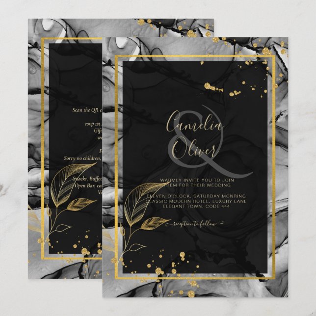 Invitación de boda con tinta alcohólica LeahG® Bla (Anverso / Reverso)