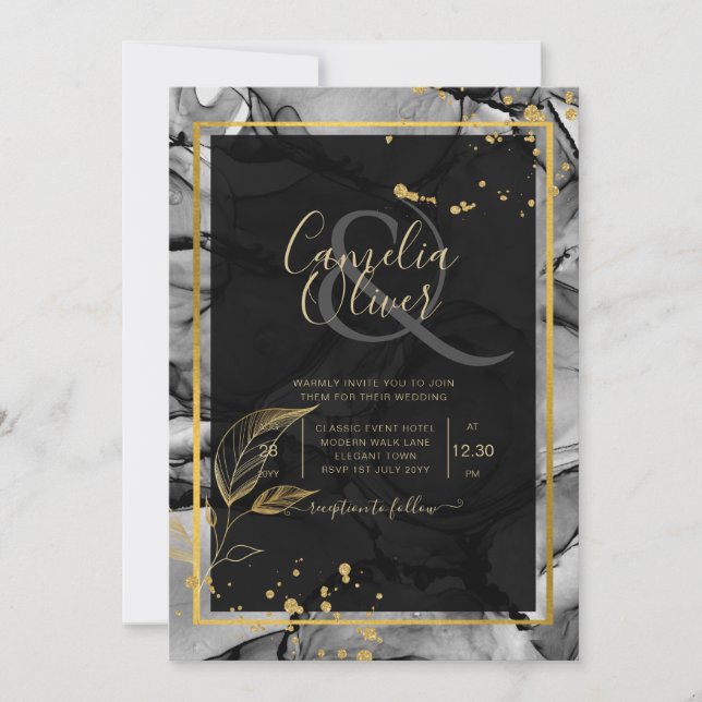 Invitación de boda con tinta alcohólica LeahG® Bla (Anverso)