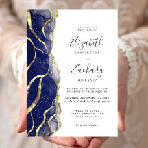 Invitación de boda con tinta azul marino y dorado