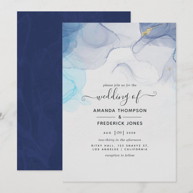 Invitación de boda con tinta de alcohol azul y dor (Anverso / Reverso)