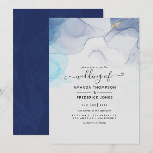 Invitación de boda con tinta de alcohol azul y dor